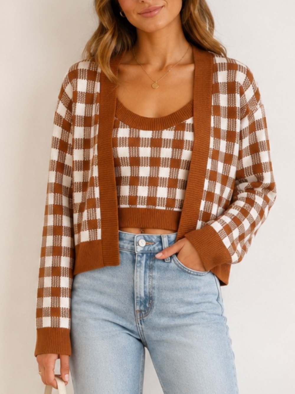 Checkered Tank and Cardigan Set